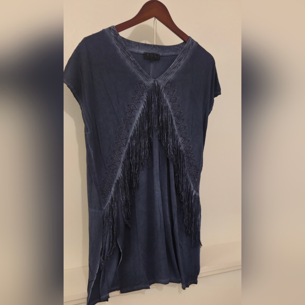 POL Slate Blue Oversized Asymmetrical Embellished Fringe & Side Slit Tunic